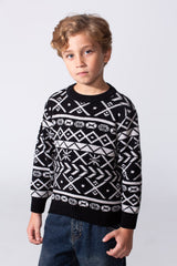 Boy's Printed Slim Fit Jakar Pullover With A Round Neck And Long Sleeves