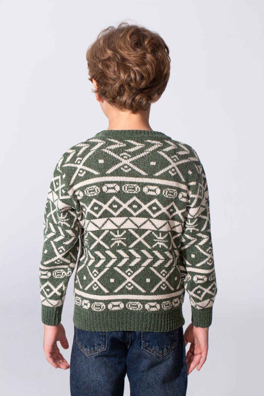 Boy's Printed Slim Fit Jakar Pullover With A Round Neck And Long Sleeves