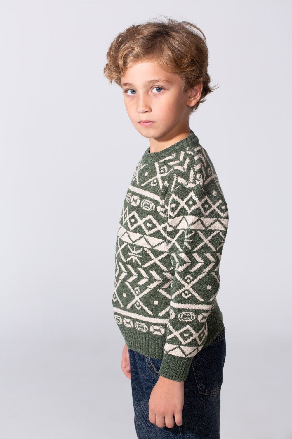 Boy's Printed Slim Fit Jakar Pullover With A Round Neck And Long Sleeves