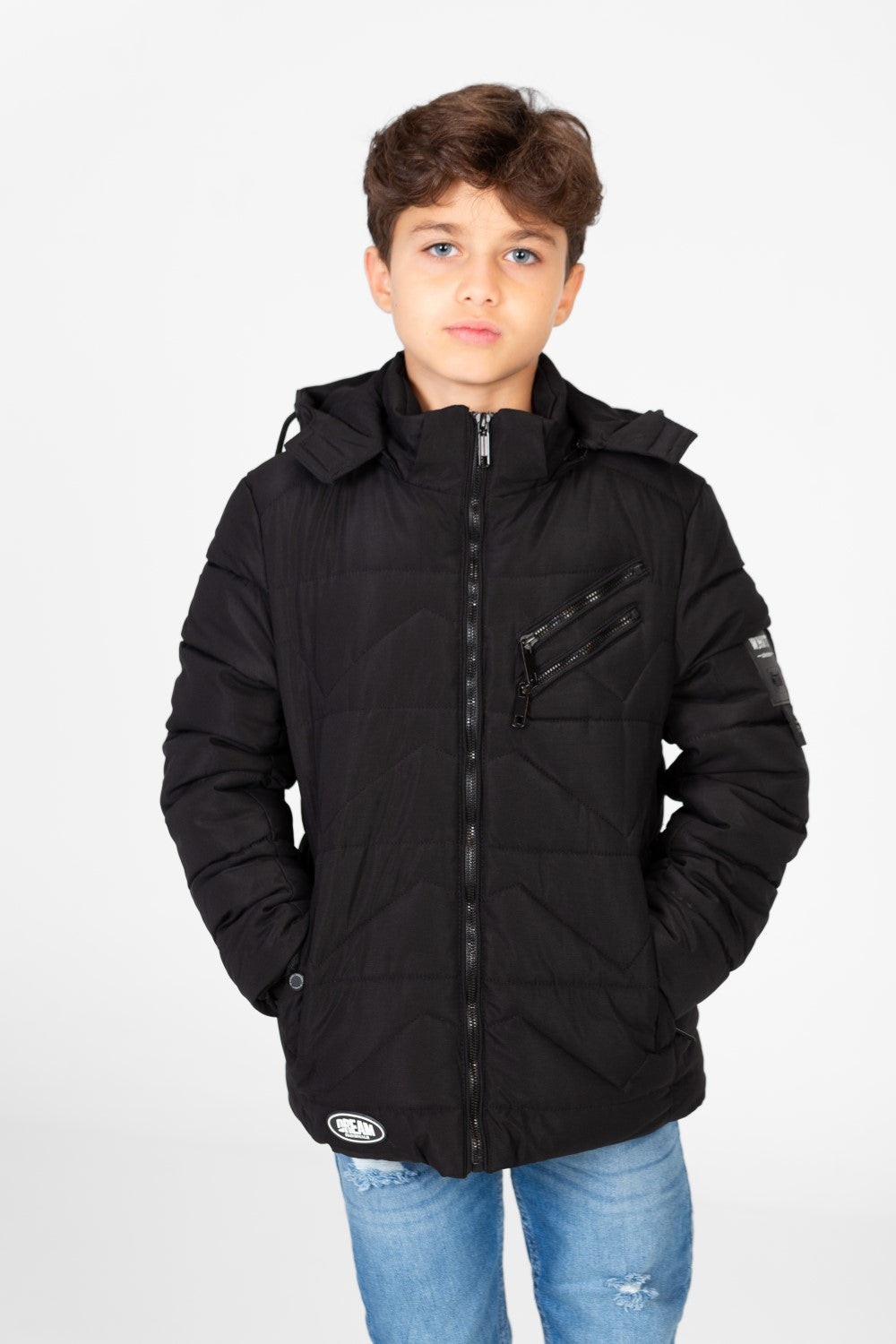 Boy's Waterproof Puffer Hood Jacket With Front Zipper