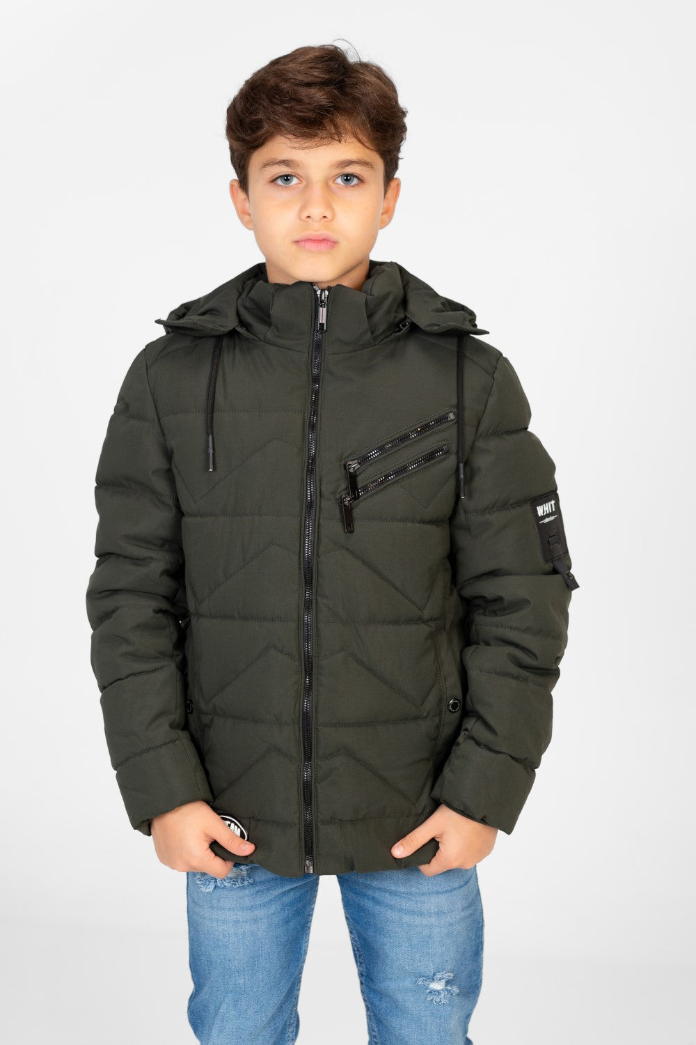 جاكيت مبطن بغطاء رأس مقاوم للماء للأولاد بسحاب أمامي