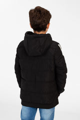 Boy's Puffer Jacket With Front Zipper And Striped Sleeves