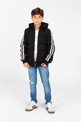 Boy's Puffer Jacket With Front Zipper And Striped Sleeves