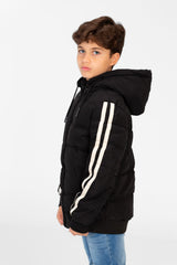 Boy's Puffer Jacket With Front Zipper And Striped Sleeves