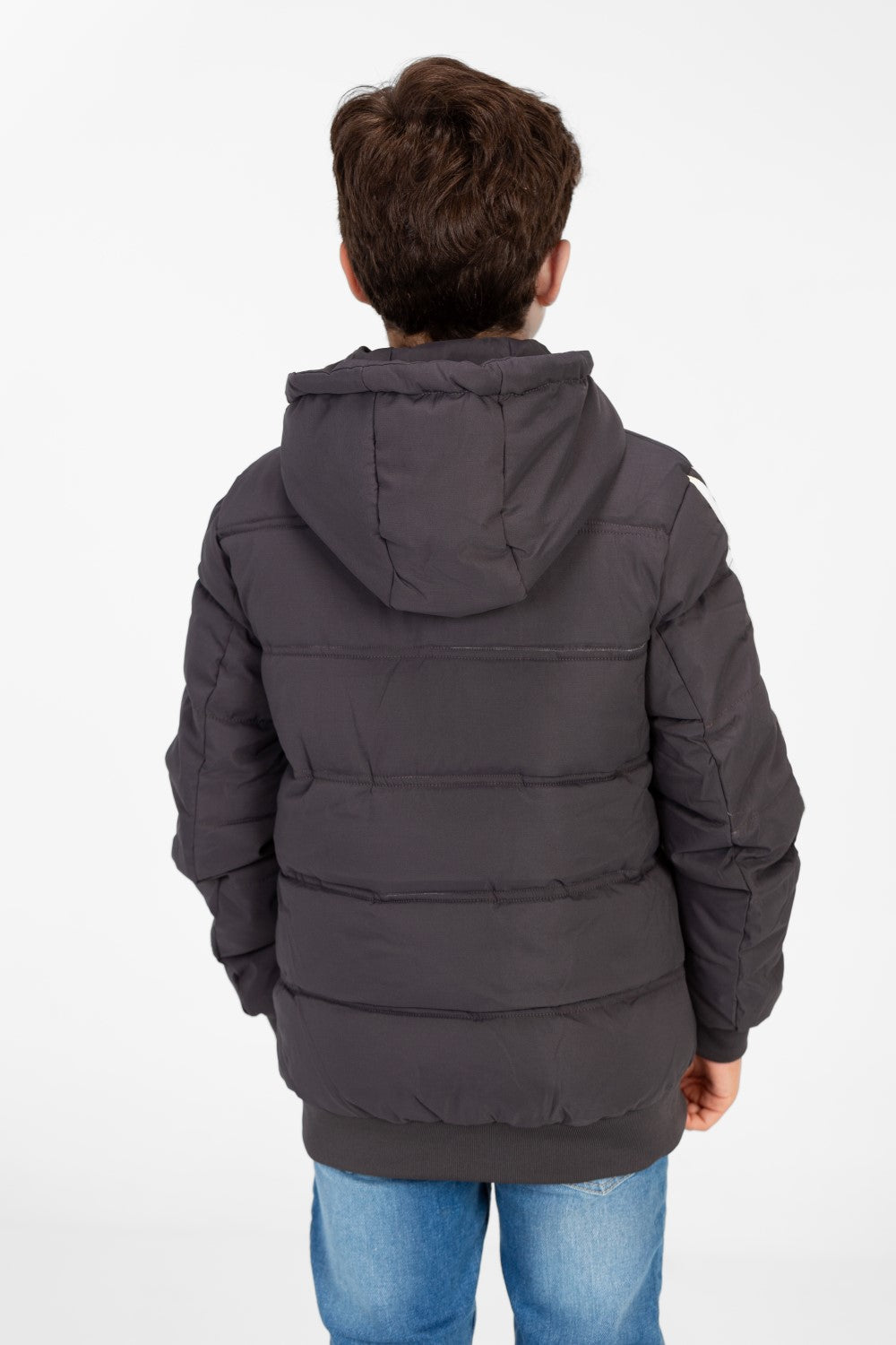 Boy's Puffer Jacket With Front Zipper And Striped Sleeves
