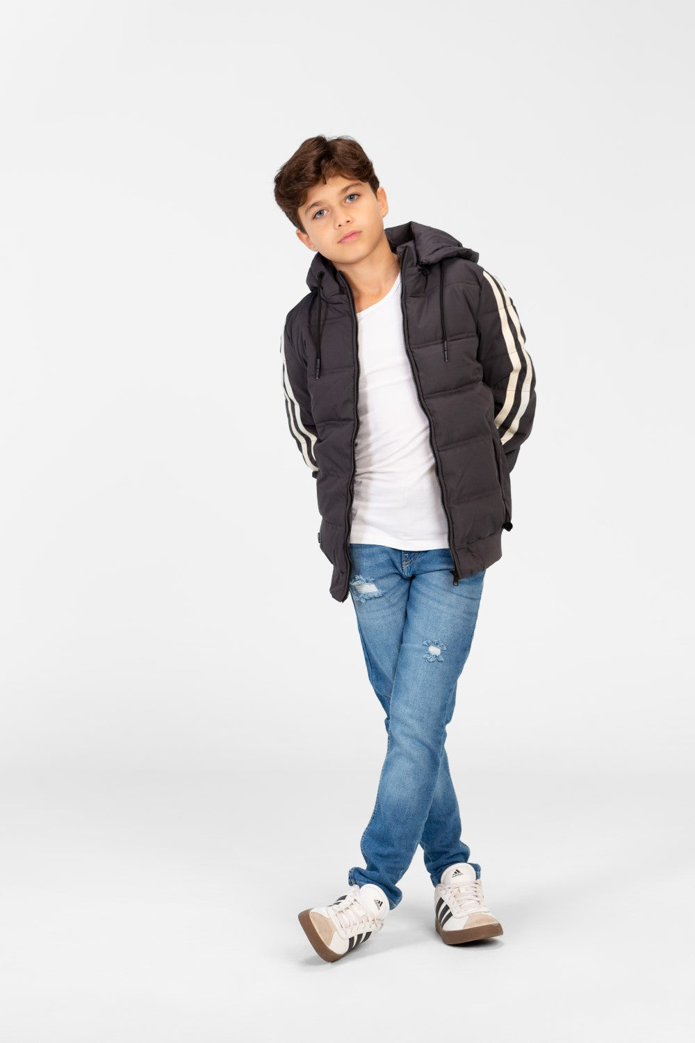 Boy's Puffer Jacket With Front Zipper And Striped Sleeves