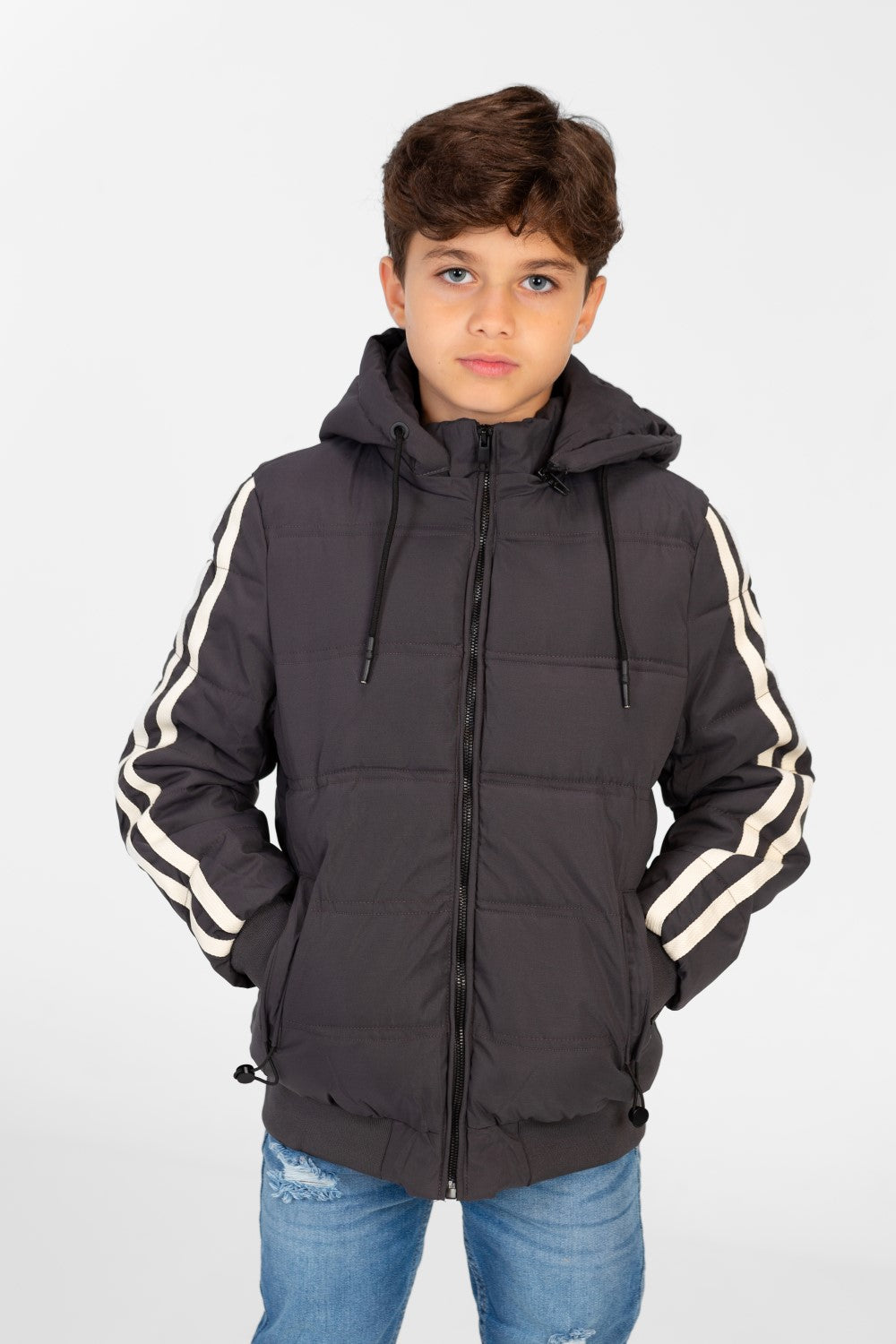 Boy's Puffer Jacket With Front Zipper And Striped Sleeves