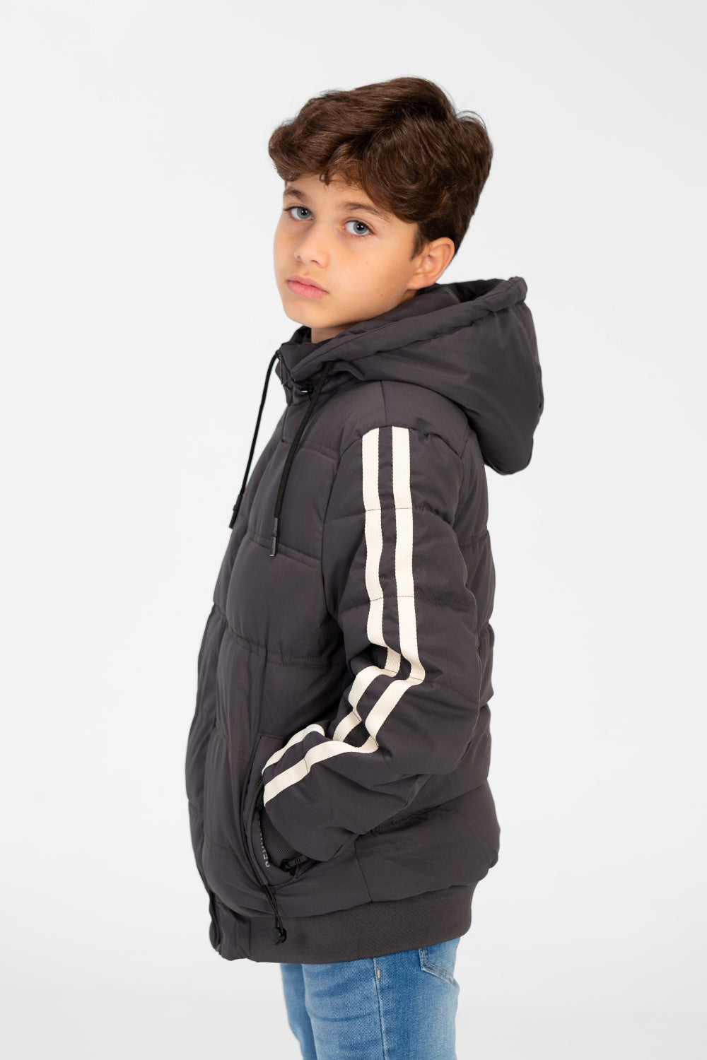 Boy's Puffer Jacket With Front Zipper And Striped Sleeves
