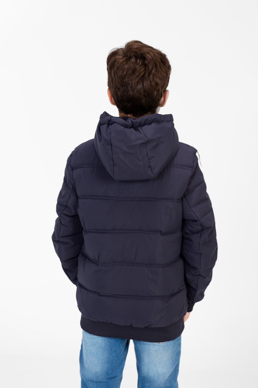Boy's Puffer Jacket With Front Zipper And Striped Sleeves