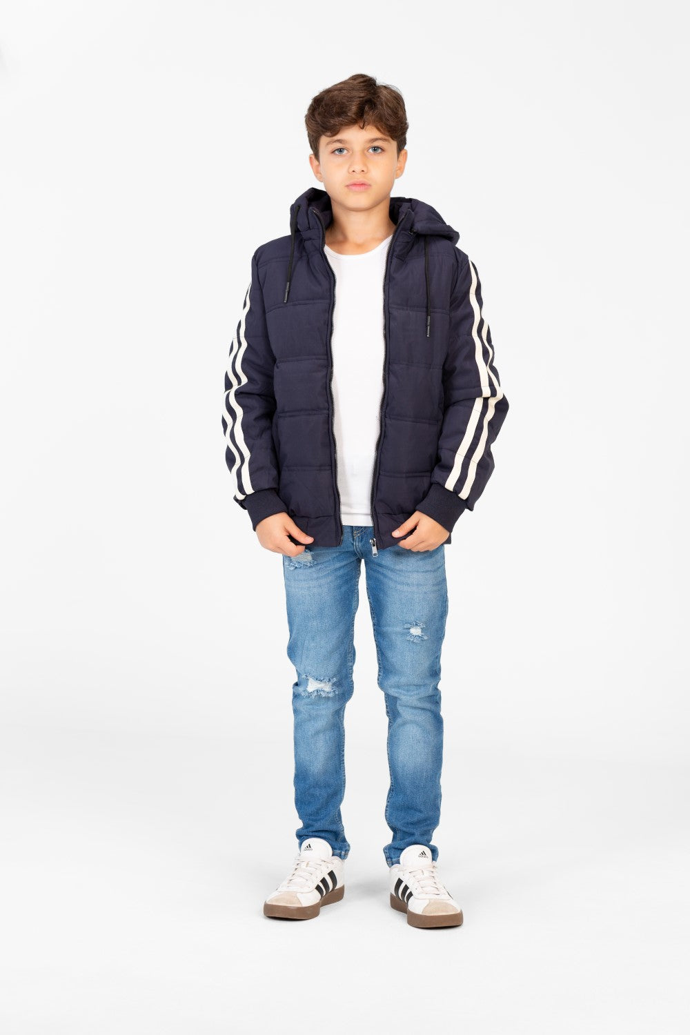 Boy's Puffer Jacket With Front Zipper And Striped Sleeves