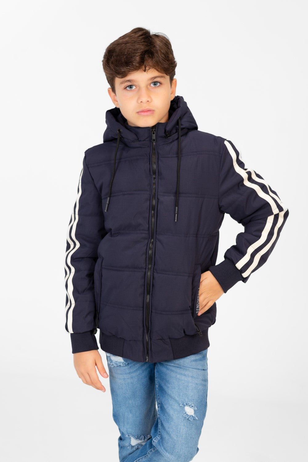 Boy's Puffer Jacket With Front Zipper And Striped Sleeves