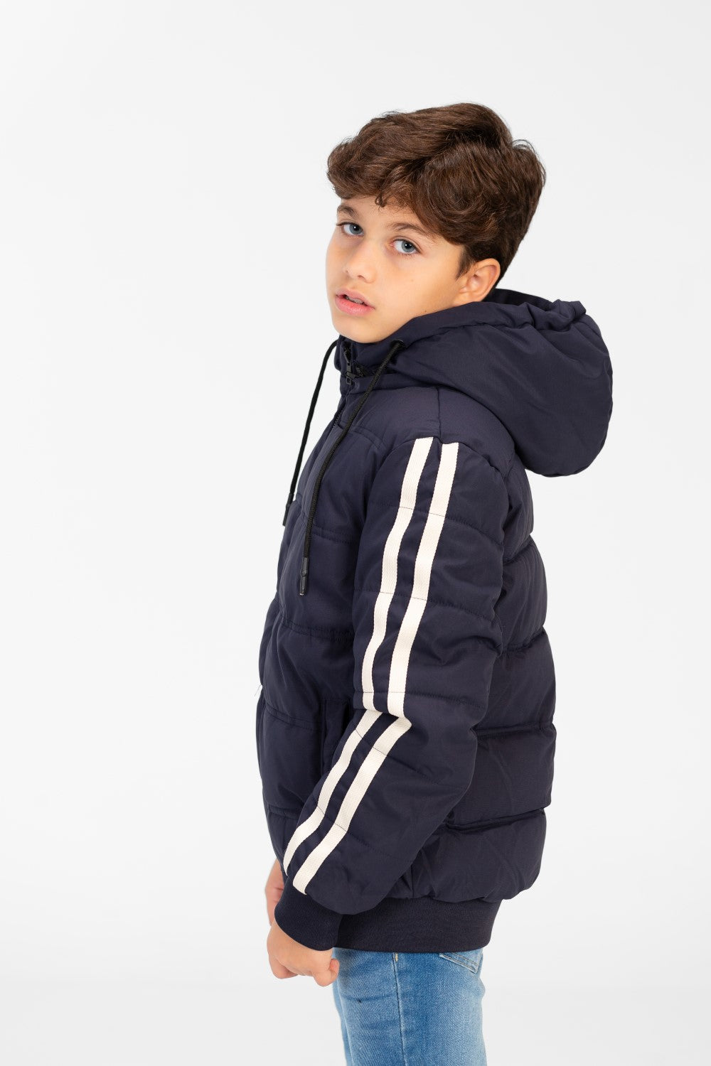 Boy's Puffer Jacket With Front Zipper And Striped Sleeves