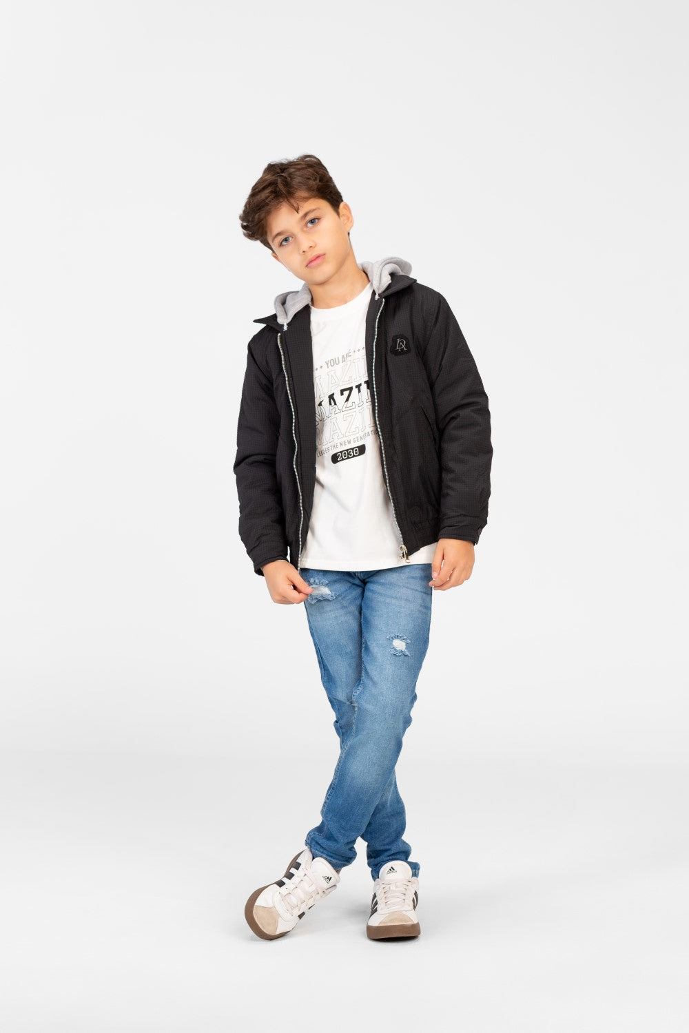 Boys's Waterproof Gray Hood Jacket With Zippers