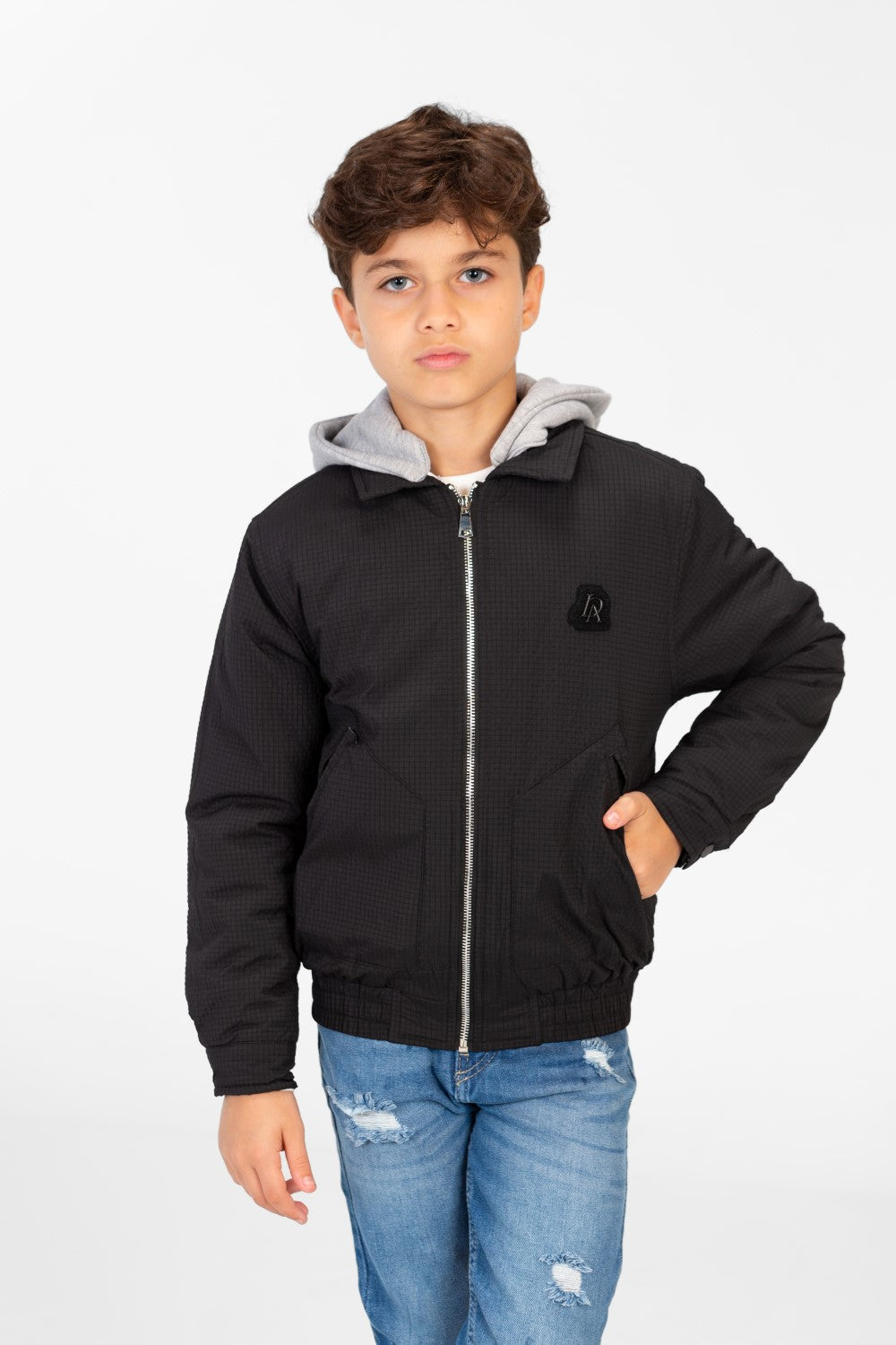 Boys's Waterproof Gray Hood Jacket With Zippers