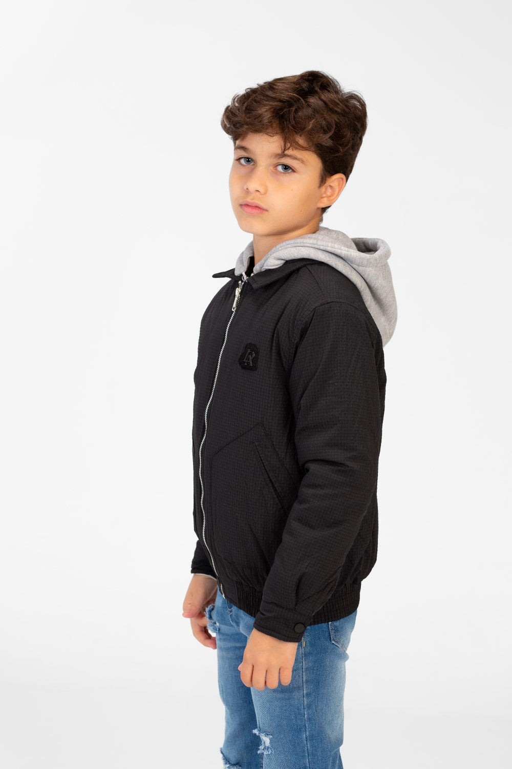 Boys's Waterproof Gray Hood Jacket With Zippers