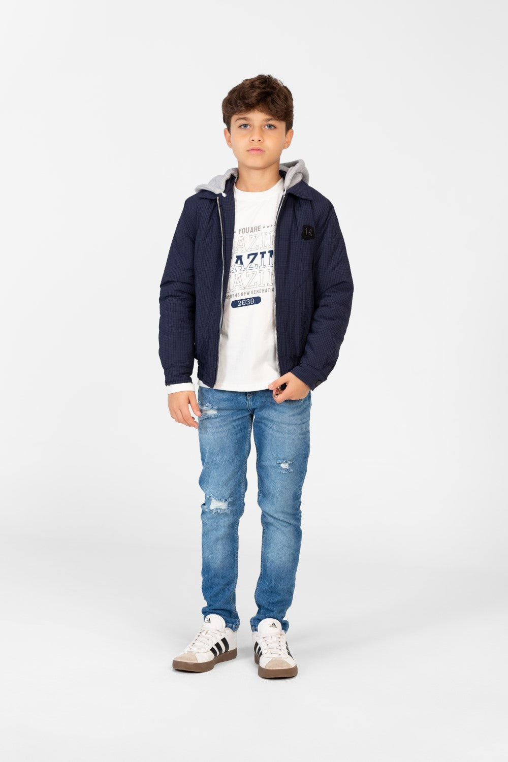 Boys's Waterproof Gray Hood Jacket With Zippers