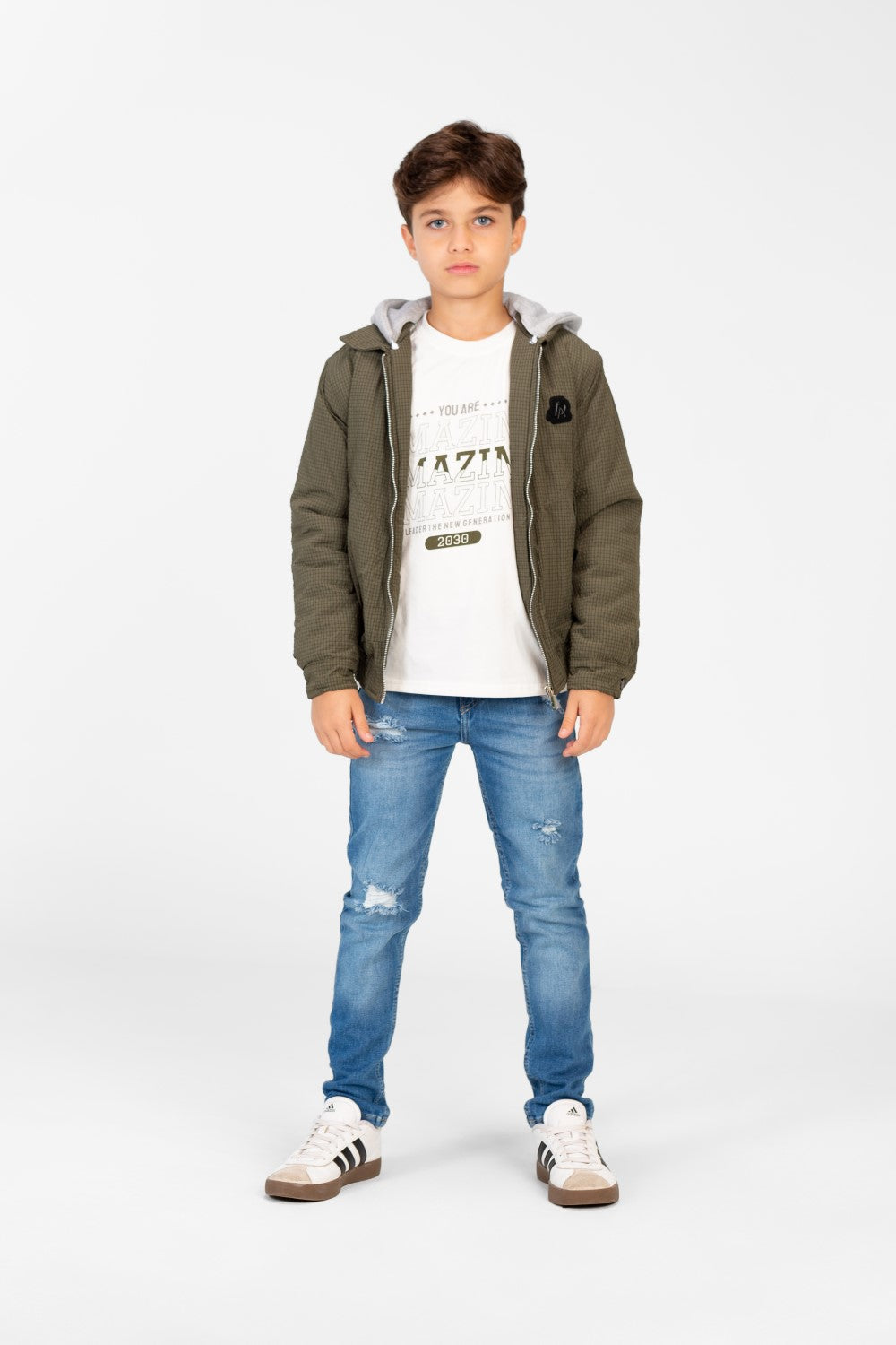 Boys's Waterproof Gray Hood Jacket With Zippers