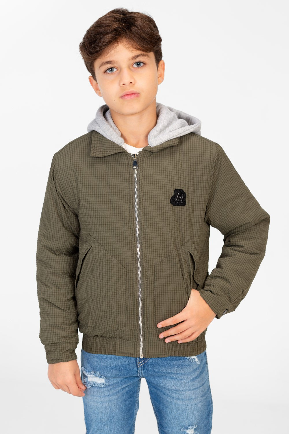 Boys's Waterproof Gray Hood Jacket With Zippers