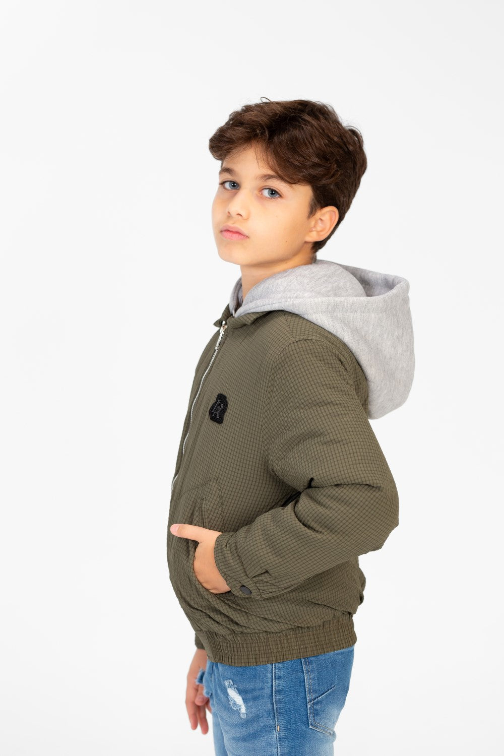 Boys's Waterproof Gray Hood Jacket With Zippers