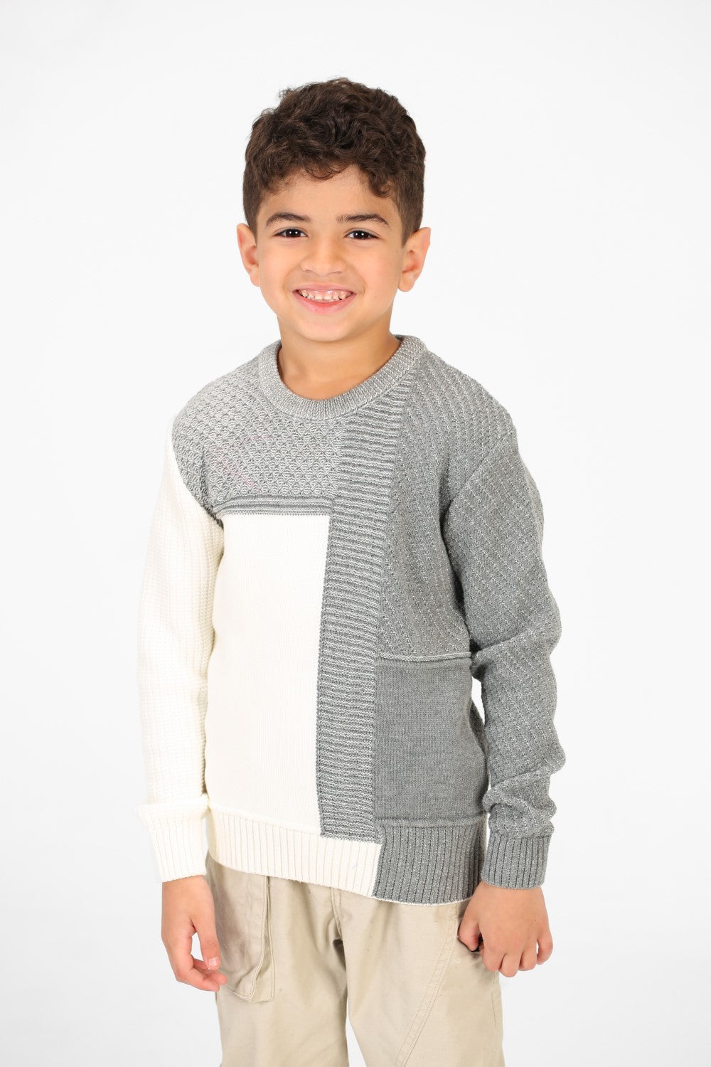 Boy's Half & Half Cotton Knitted Long Sleeves Sweater Pullover