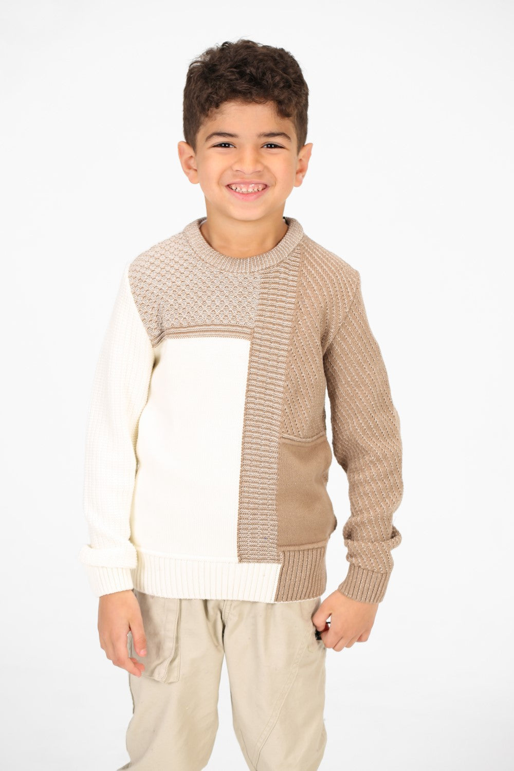 Boy's Half & Half Cotton Knitted Long Sleeves Sweater Pullover