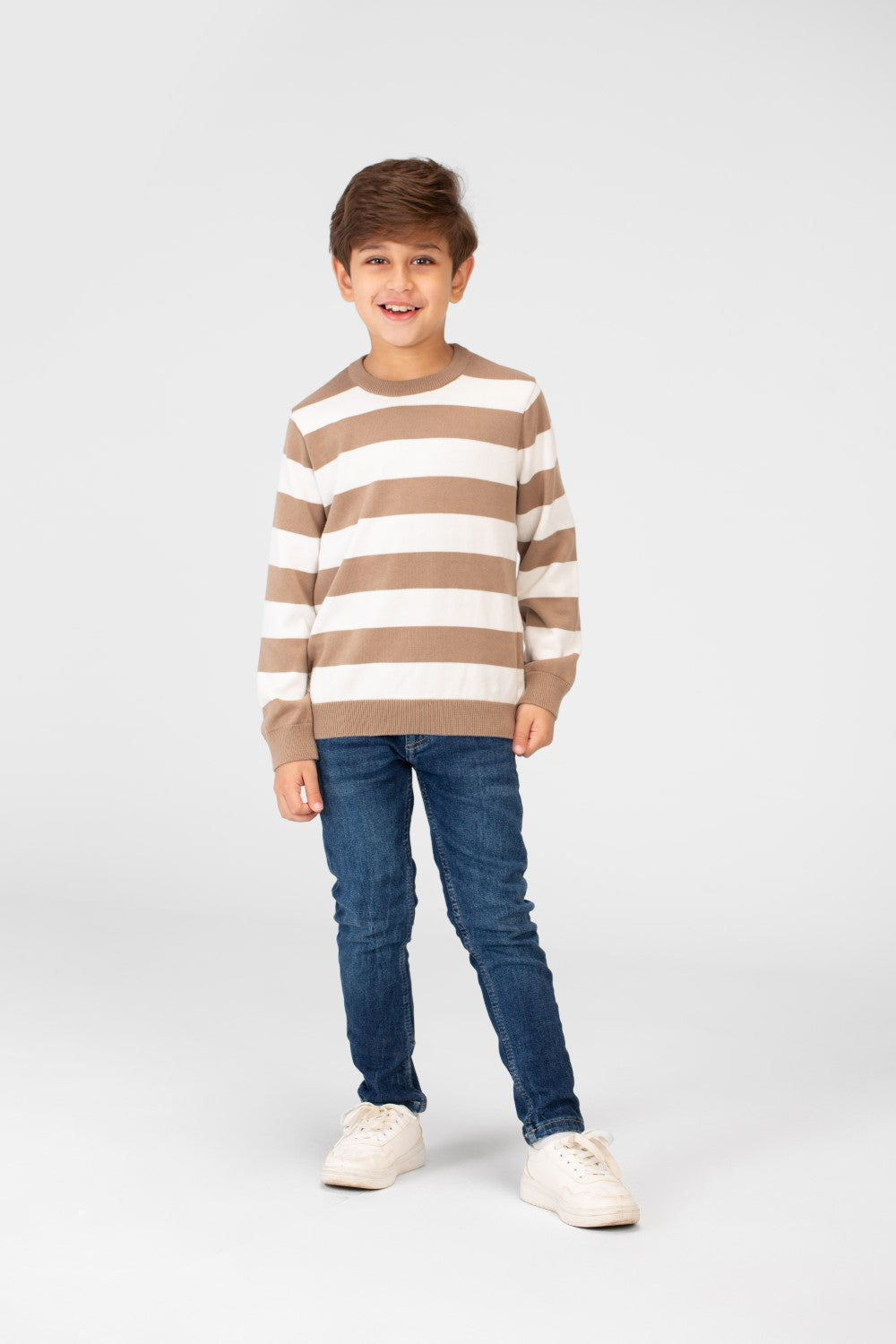 Boy's Striped Cotton Pullover Sweater With Round Neck And Long Sleeves