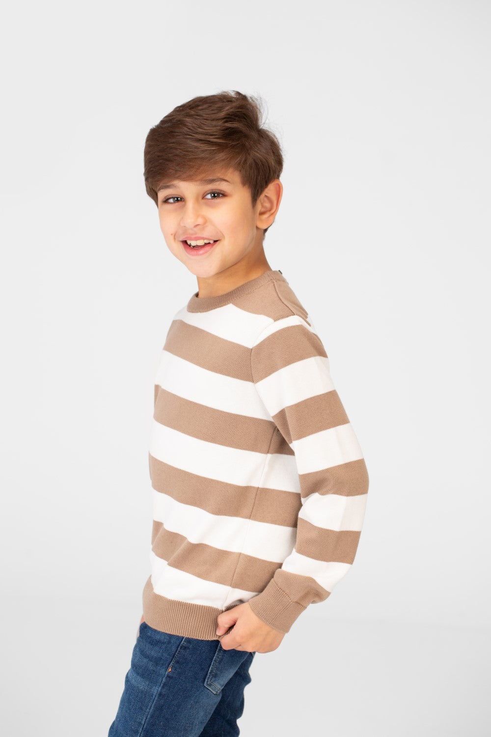 Boy's Striped Cotton Pullover Sweater With Round Neck And Long Sleeves