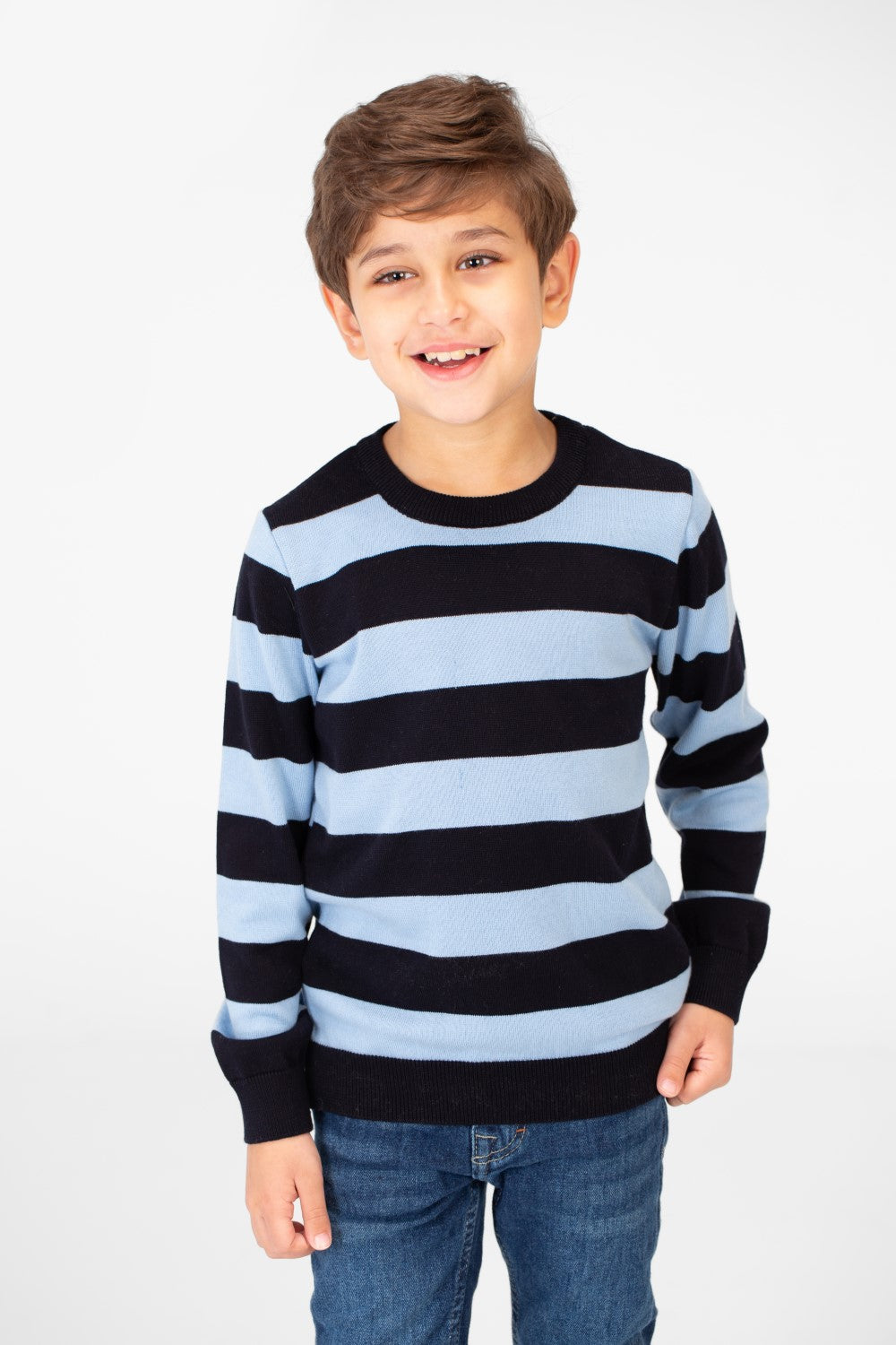 Boy's Striped Cotton Pullover Sweater With Round Neck And Long Sleeves