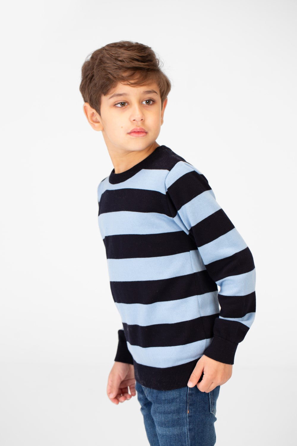 Boy's Striped Cotton Pullover Sweater With Round Neck And Long Sleeves