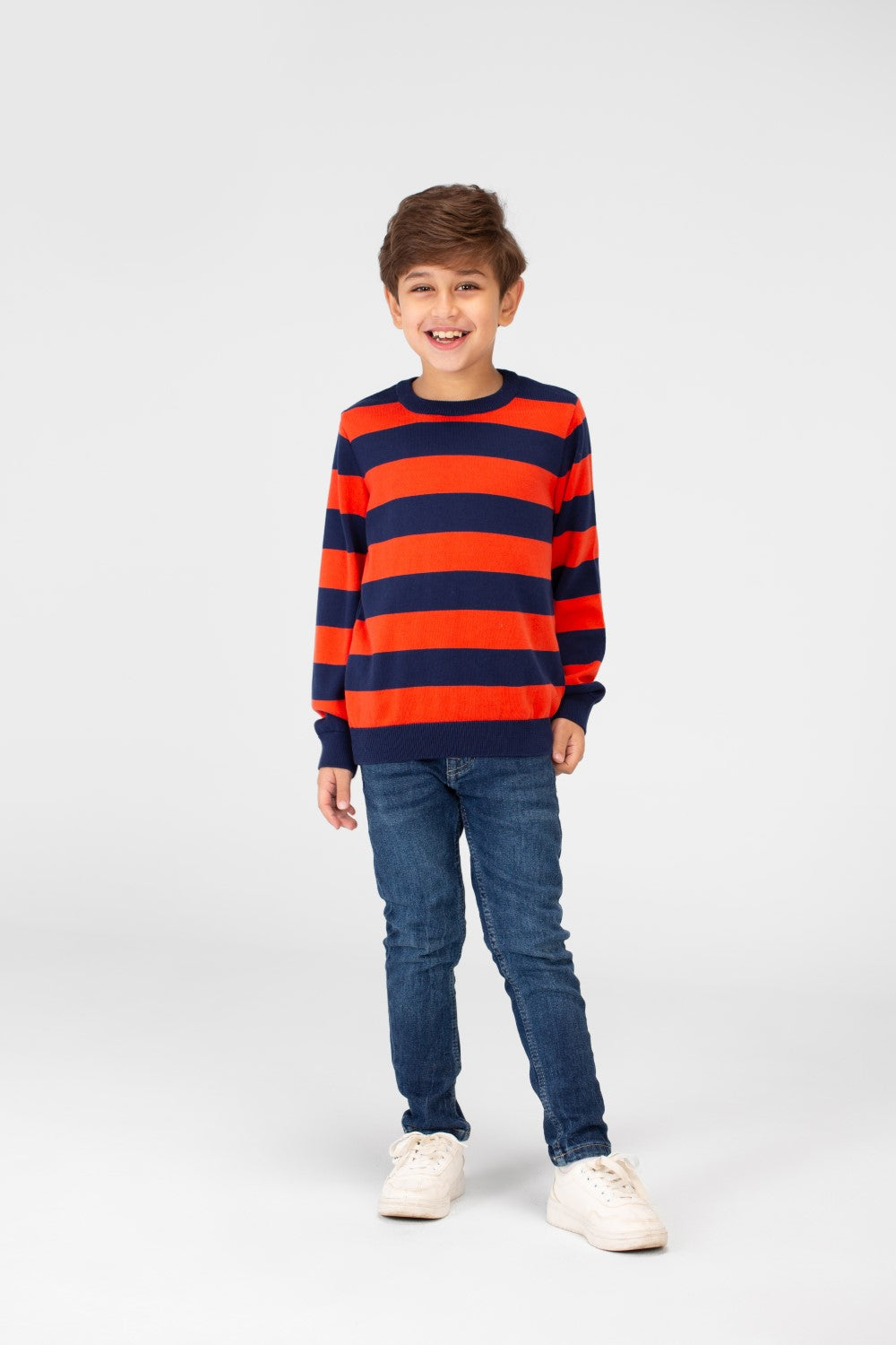 Boy's Striped Cotton Pullover Sweater With Round Neck And Long Sleeves