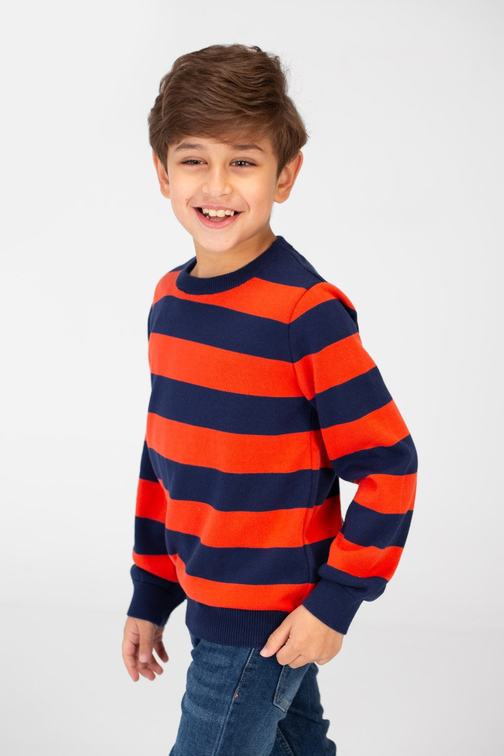 Boy's Striped Cotton Pullover Sweater With Round Neck And Long Sleeves