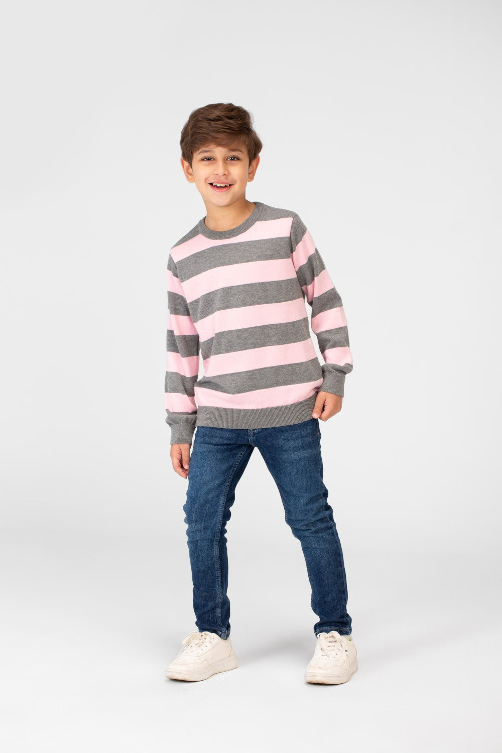 Boy's Striped Cotton Pullover Sweater With Round Neck And Long Sleeves