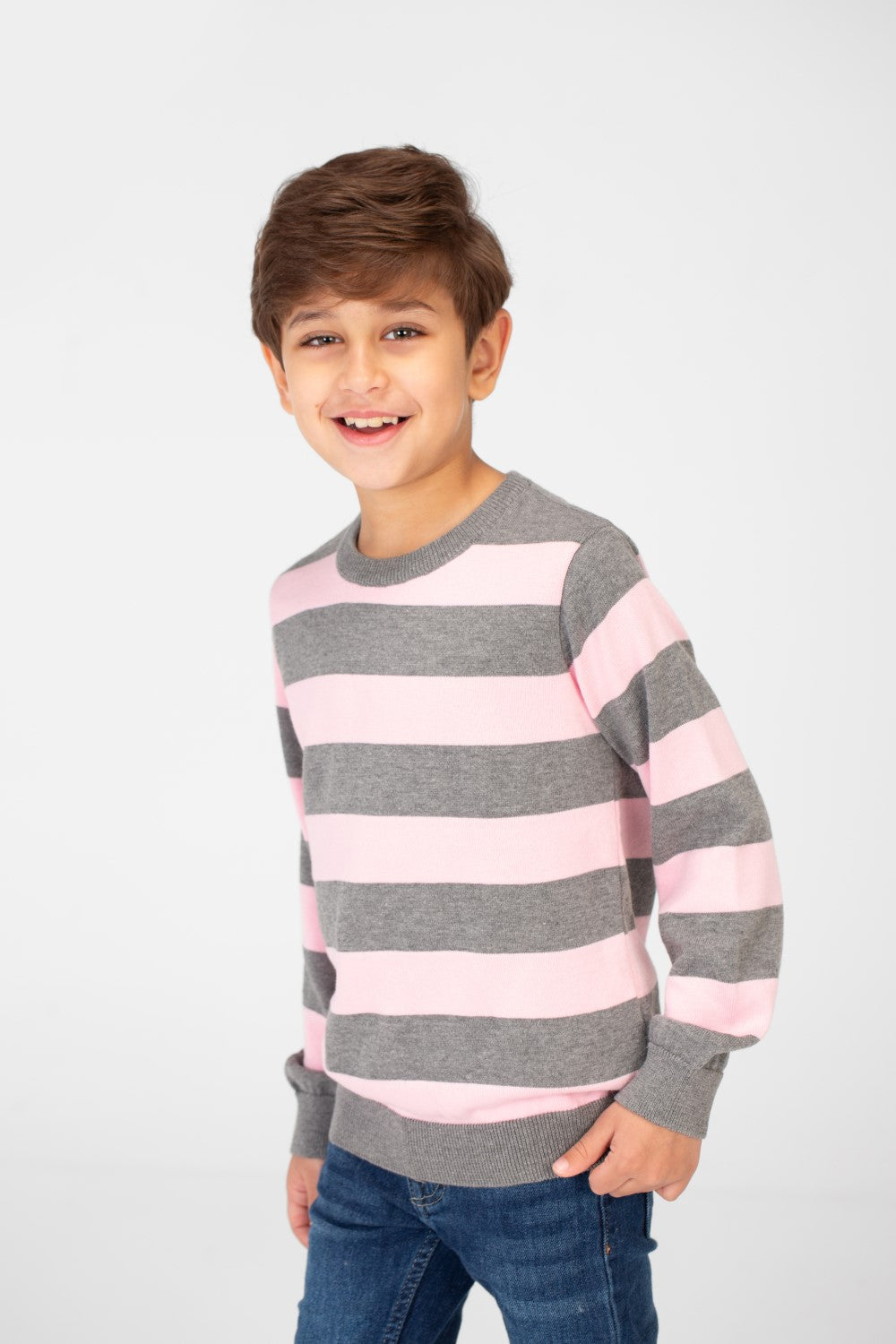 Boy's Striped Cotton Pullover Sweater With Round Neck And Long Sleeves