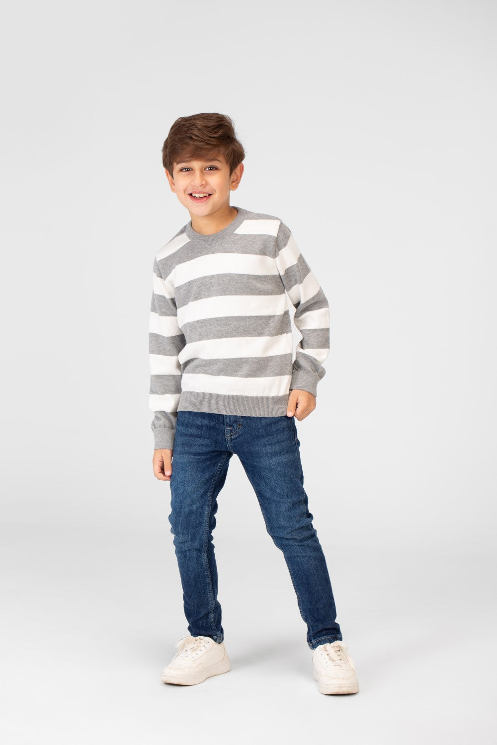 Boy's Striped Cotton Pullover Sweater With Round Neck And Long Sleeves