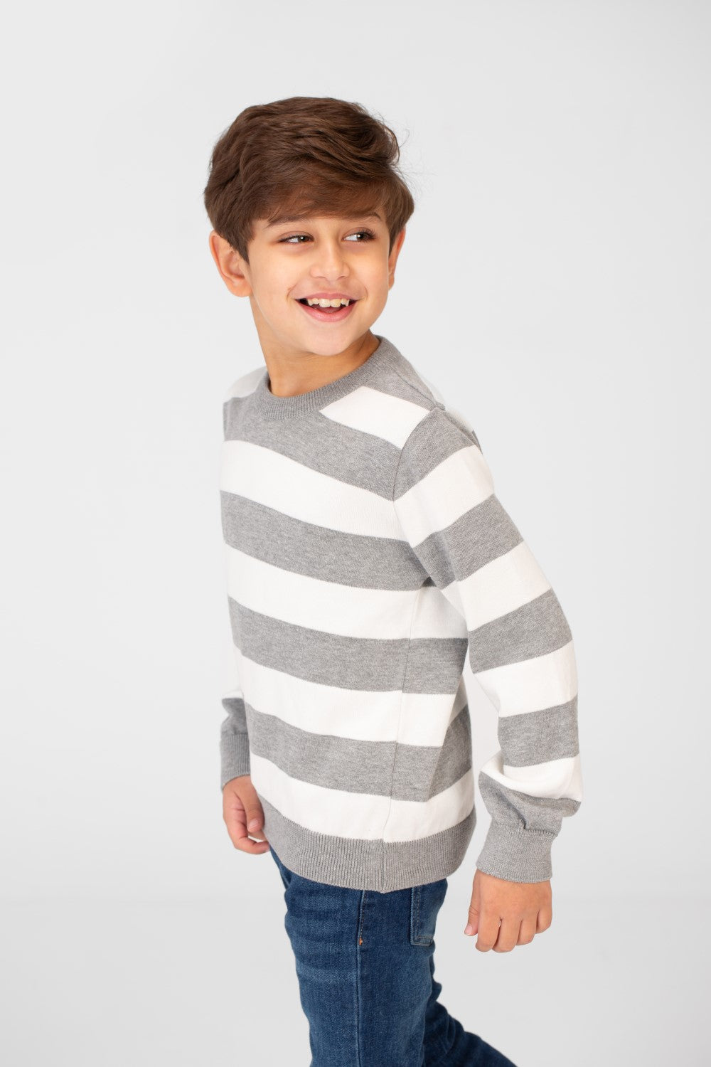 Boy's Striped Cotton Pullover Sweater With Round Neck And Long Sleeves