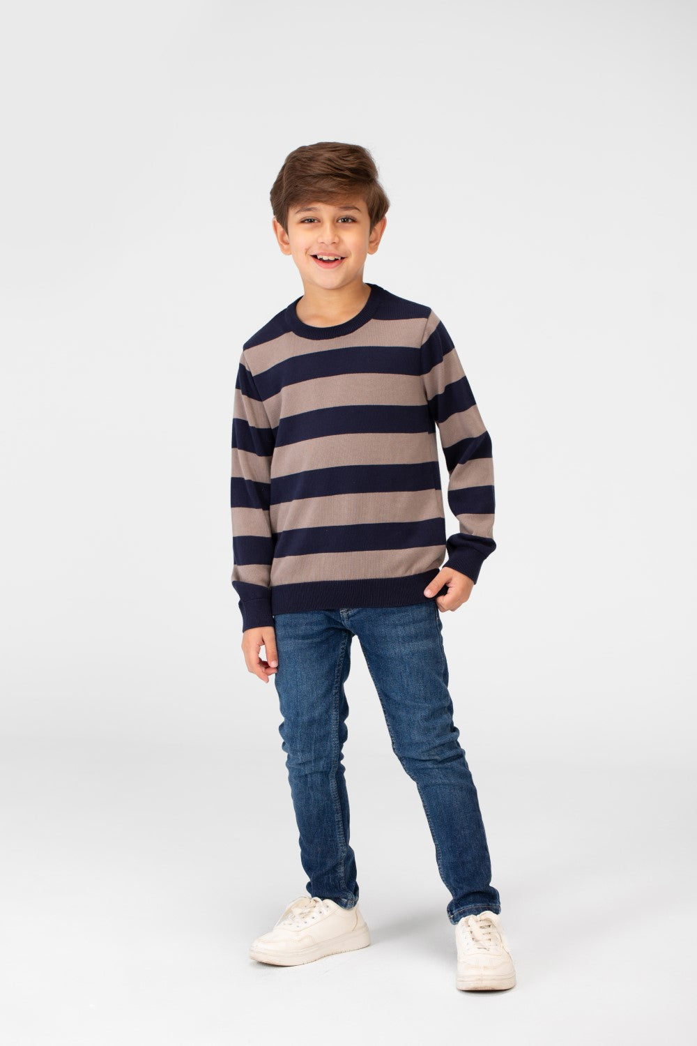 Boy's Striped Cotton Pullover Sweater With Round Neck And Long Sleeves