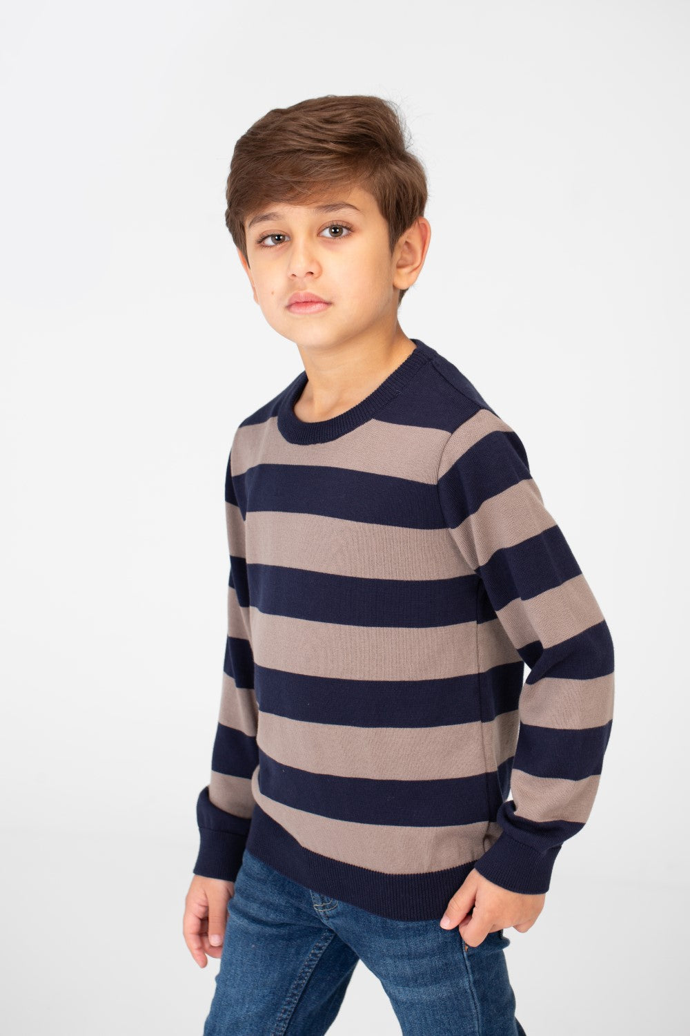 Boy's Striped Cotton Pullover Sweater With Round Neck And Long Sleeves