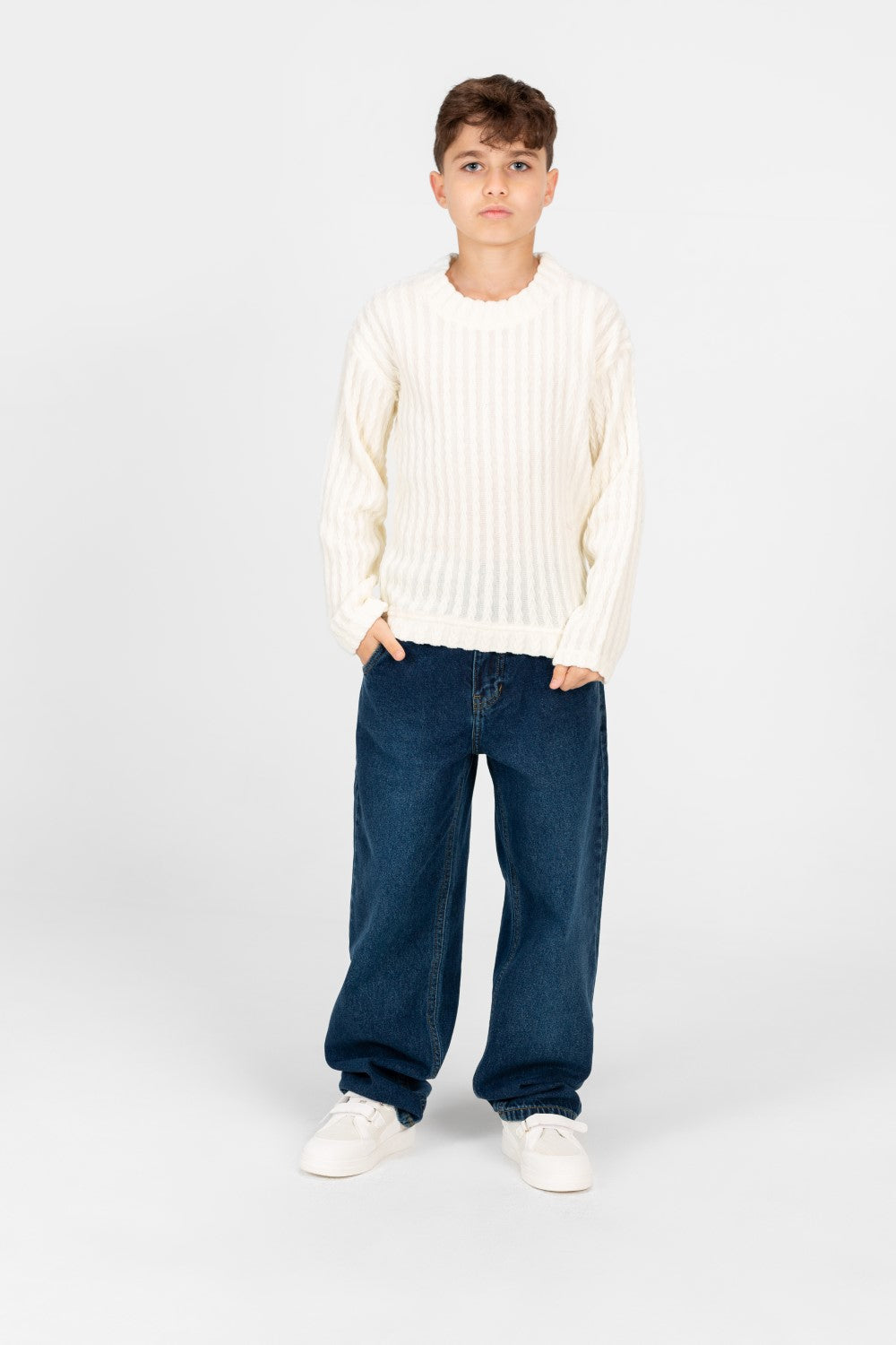 Boy's Plain Knitted Crew Neck Long Sleeve Pullover Sweater