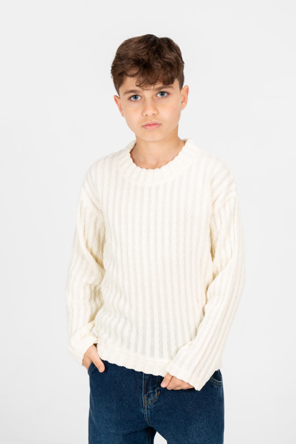 Boy's Plain Knitted Crew Neck Long Sleeve Pullover Sweater