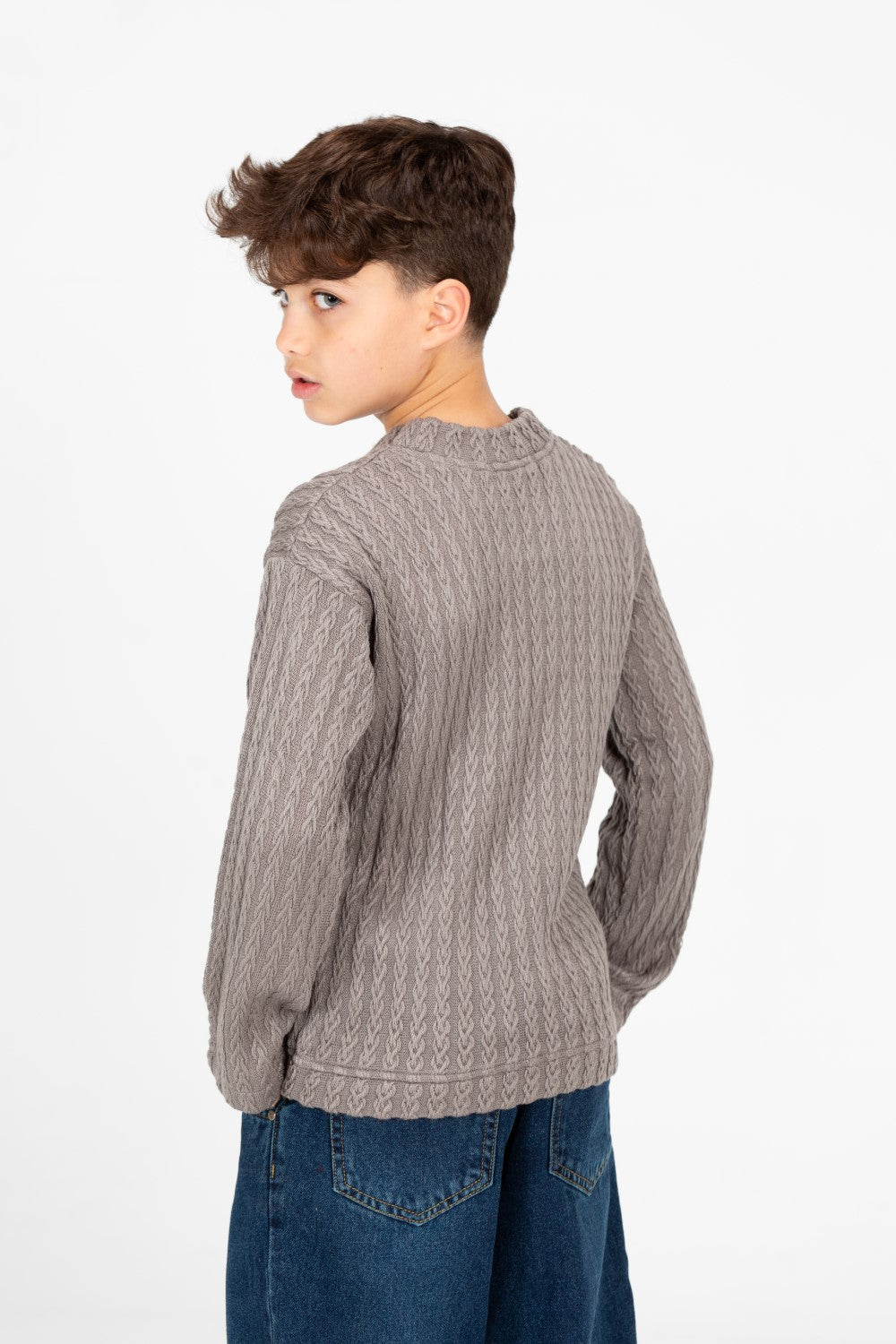 Boy's Plain Knitted Crew Neck Long Sleeve Pullover Sweater