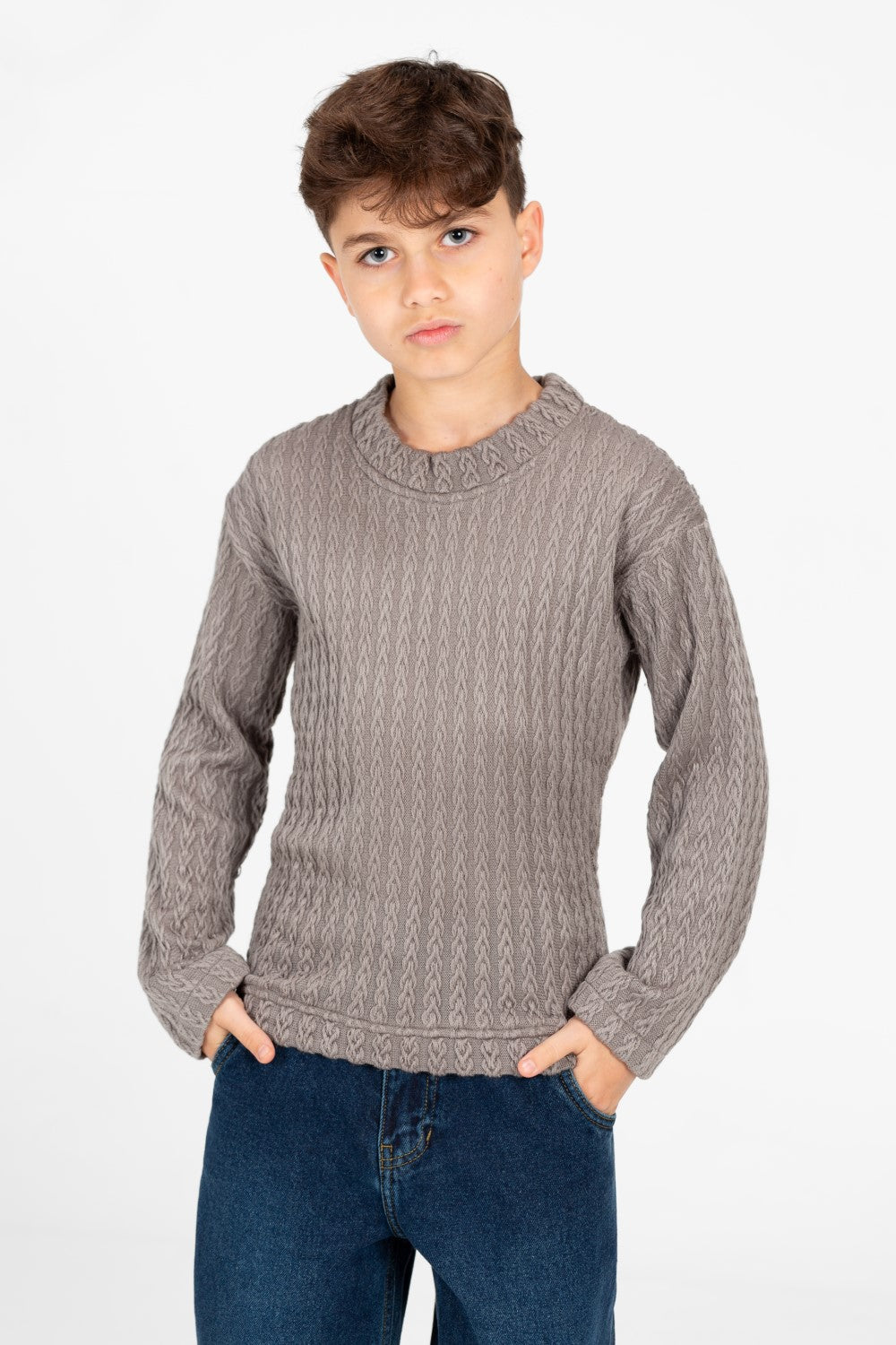 Boy's Plain Knitted Crew Neck Long Sleeve Pullover Sweater