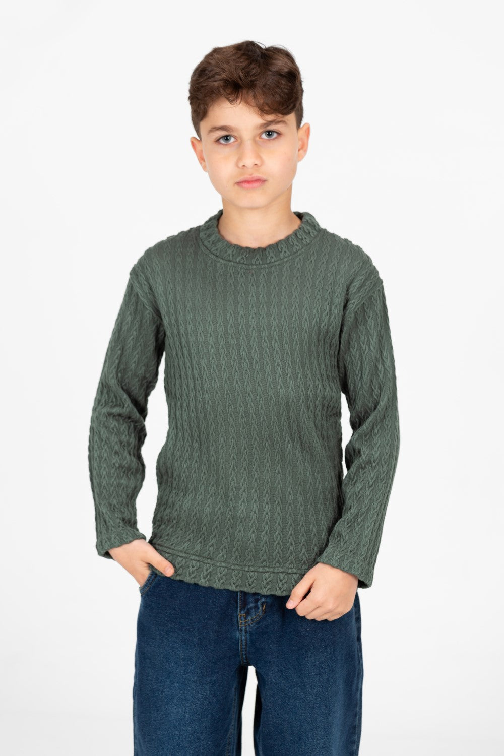 Boy's Plain Knitted Crew Neck Long Sleeve Pullover Sweater