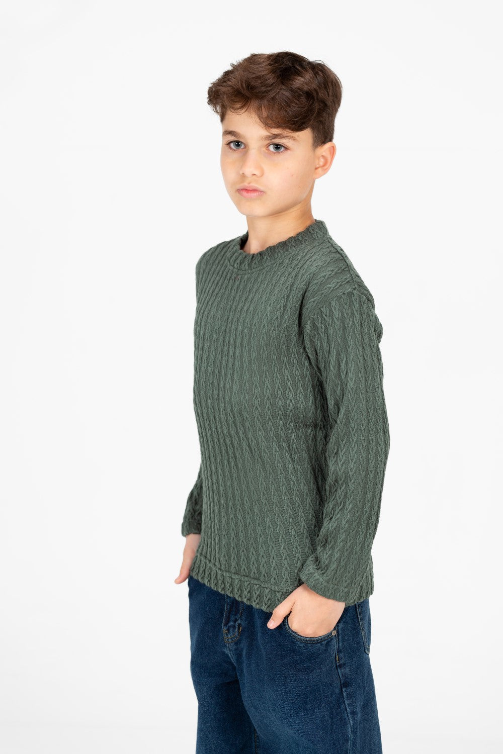 Boy's Plain Knitted Crew Neck Long Sleeve Pullover Sweater
