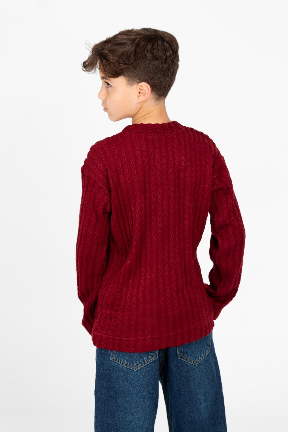 Boy's Plain Knitted Crew Neck Long Sleeve Pullover Sweater