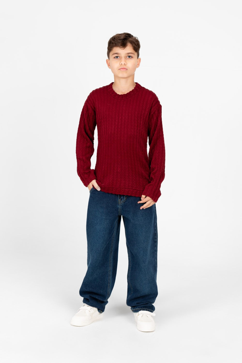 Boy's Plain Knitted Crew Neck Long Sleeve Pullover Sweater