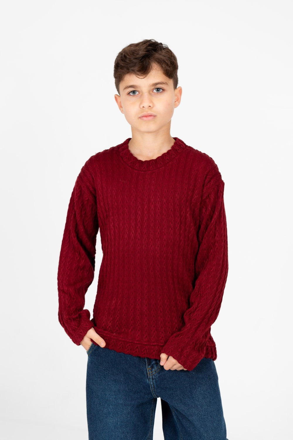Boy's Plain Knitted Crew Neck Long Sleeve Pullover Sweater