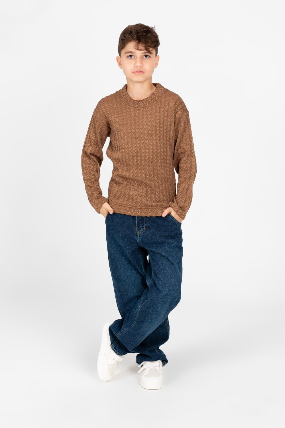 Boy's Plain Knitted Crew Neck Long Sleeve Pullover Sweater
