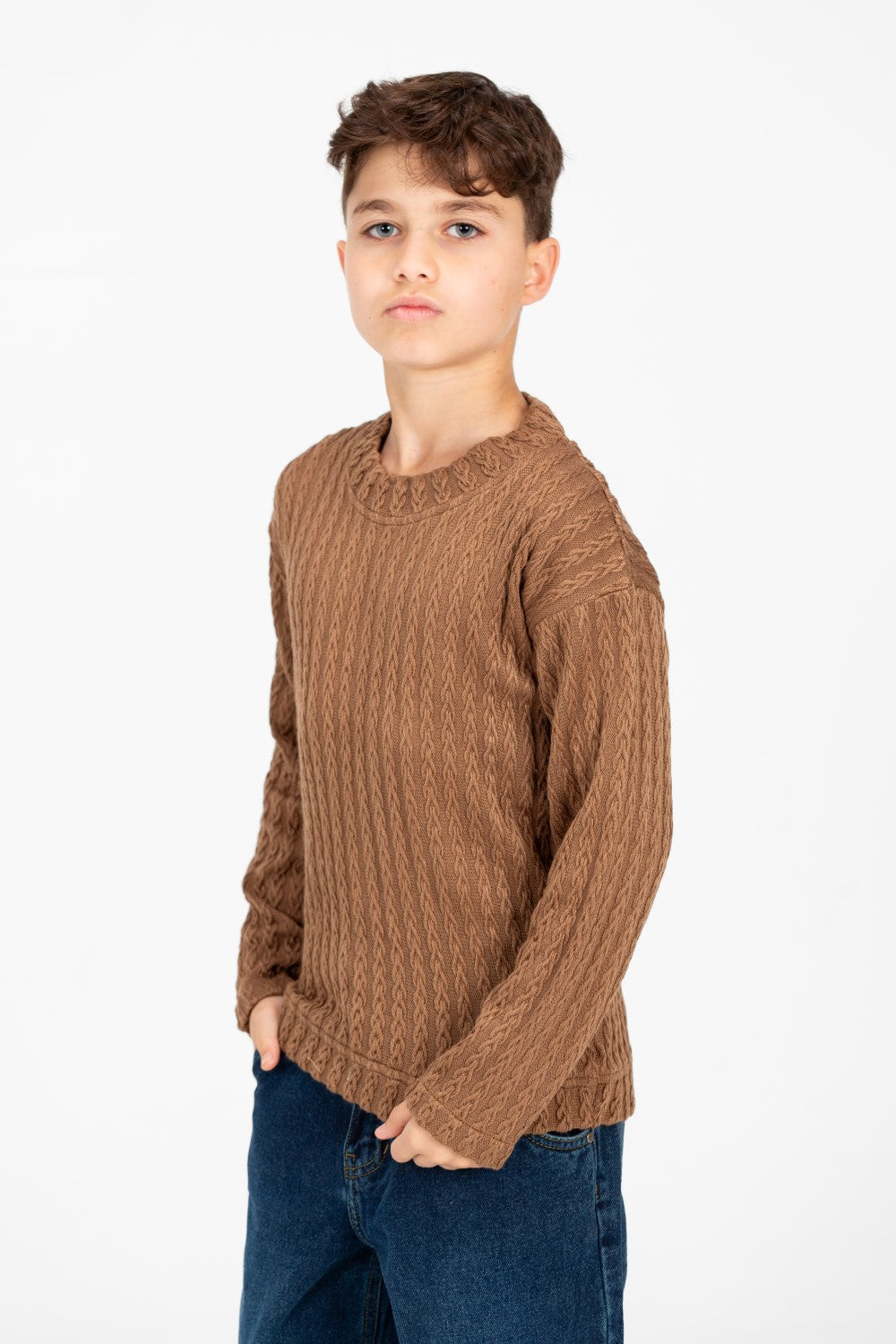 Boy's Plain Knitted Crew Neck Long Sleeve Pullover Sweater