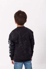 Boy's Rounded Neck Padded With Unqiue Modern Front Pattern & Printed Sleeve Sweatshirt