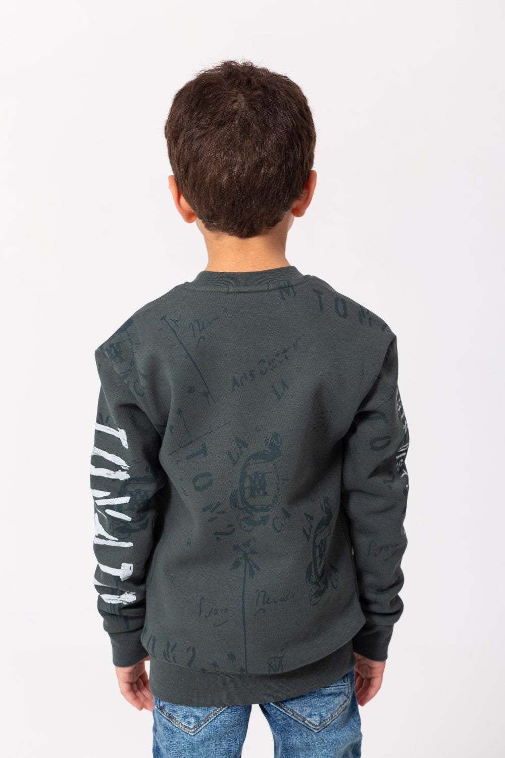 Boy's Rounded Neck Padded With Unqiue Modern Front Pattern & Printed Sleeve Sweatshirt